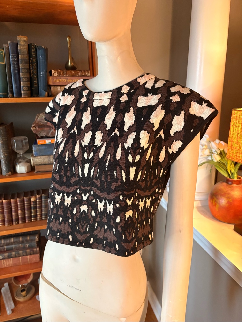 Express Brown, Black & Cream Patterned Cropped Top